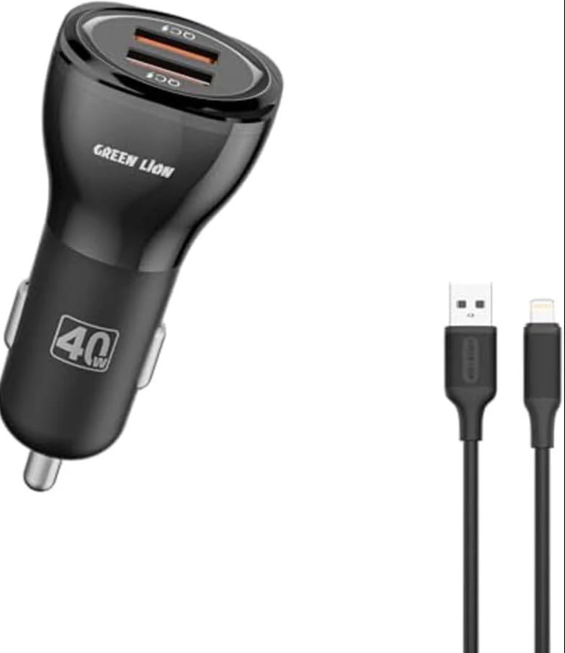 Green Lion Dual QC3.0 Charger, Maximum 40W Output, 2 USB-A Ports, Fast Charging, Compact Design, Multiple Protection, 12V - 24V Input, Includes USB-A to Lightning Cable, Security Features
