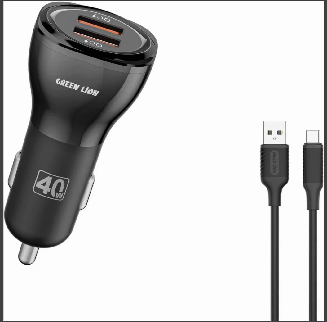 Green Lion Dual QC3.0 Car Charger, 40W, 2 USB-A Ports, Includes USB-A to USB-C Cable