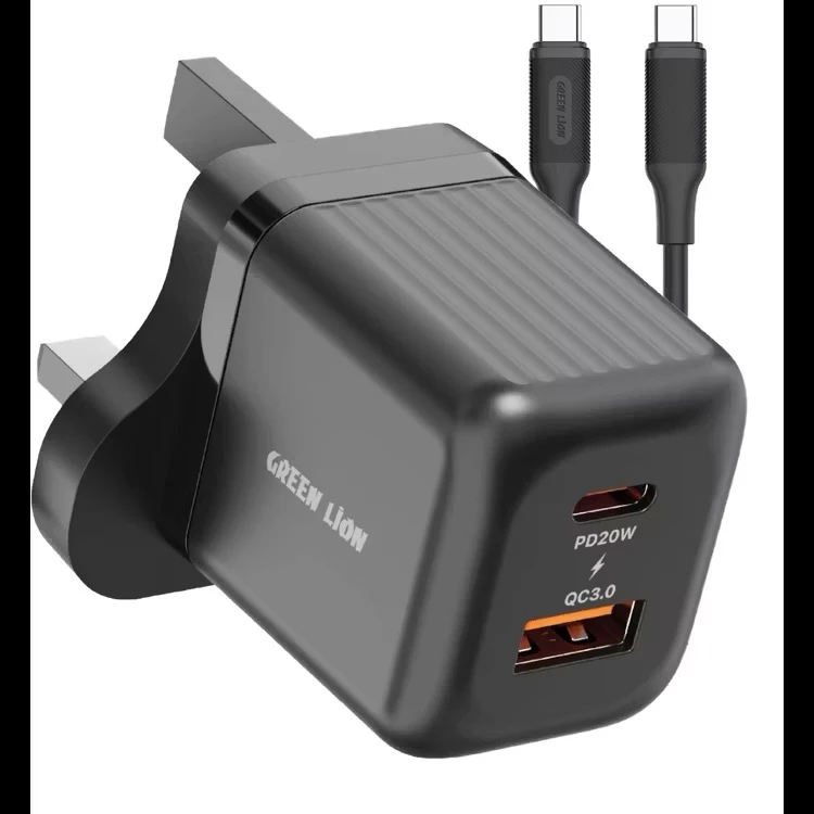 Green Lion Ultra Compact GaN Wall Charger UK Pin A+C 20W (with C to C / C to L Cable)